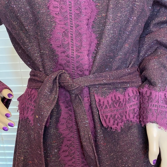 Bisou Bisou Chic Sparkly Plum Lace Tie Belt Jacket Trench Dress Coat Size 14 VGC - Picture 2 of 6